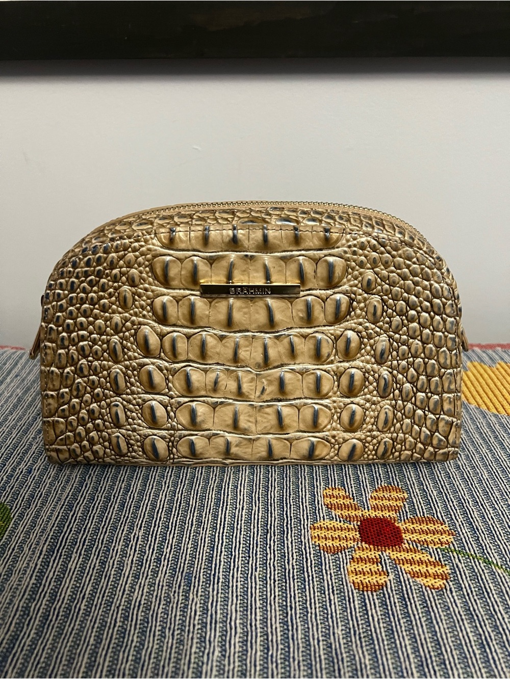 Brahmin Metallic Gold Croc-Embossed Leather Cosmetic Case